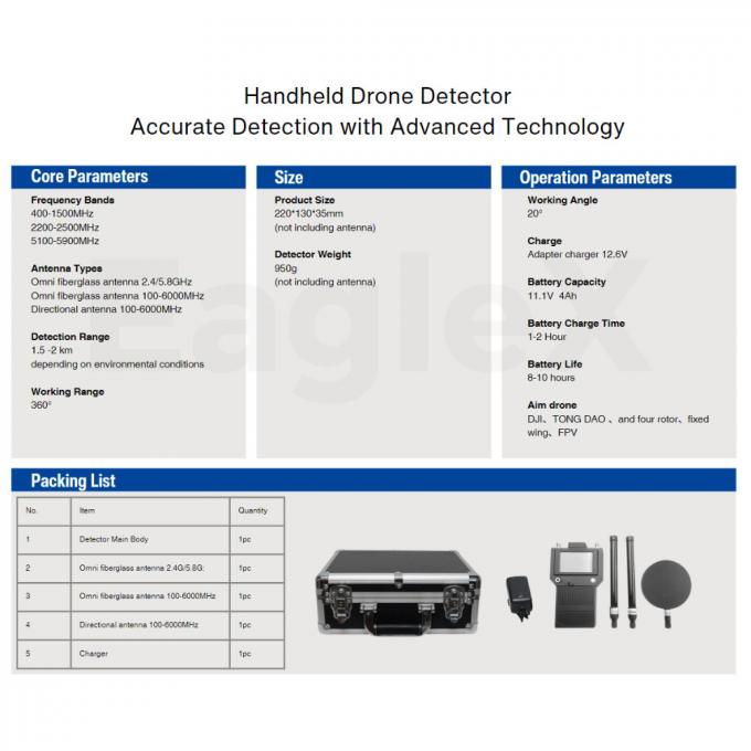 Detector de drones DJI portátil de 3000 metros FPV 400MHz 2.4GHz 5.2G 5.8G Detección portátil 0